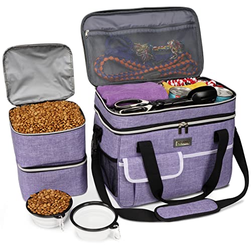 BAGLHER Dog Travel Bag for Supplies - Double-Layer Airline Approved Weekend Pet Travel Organizer Set for Dog and Cat Tote with 2 Pet Food Containers and 2 Collapsible Silicone Bowls Purple