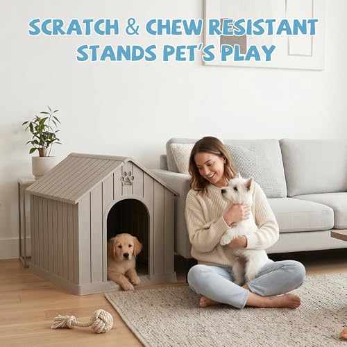 EFU Large Dog House Outdoor Indoor, Waterproof Dog House with Air Vents and Elevated Floor, Weatherproof Dog Kennel for Small - Large Dogs, Durable Pet Shelter for Patio Yard Porch, Grey