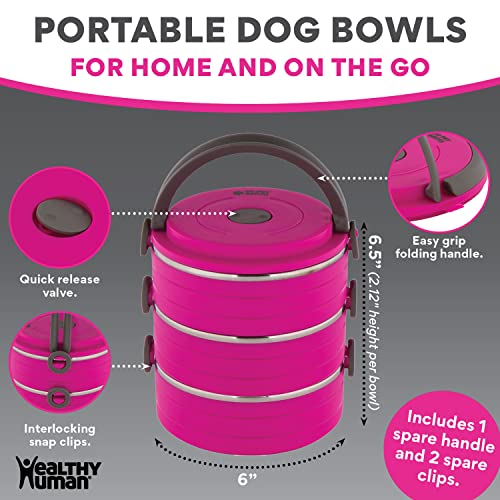 Healthy Human Travel Pet Bento Bowls - Leak Proof, Human-Grade Stainless Steel & BPA-Free, 3-Pack Water & Food Container Set, Clips & Handle (Pink)