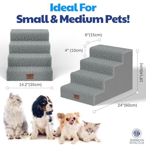 AKC – 4-Step Pet Stairs for Beds & Couch | Built for Small Dogs & Small Breeds | Long-Back & Senior Dogs | Lightweight, Soft, Non-Slip, Washable | No-Tool Assembly | Supports 35 lbs | 16x24x14.2 in