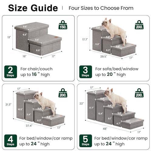 Love's cabin Dog Stairs with Storage 13" H, Foldable Pet Stairs for Small Medium or Large Dogs, Cat Puppy Steps Ramp with Zip up to 150 lbs, Solid Grey, 2 Steps