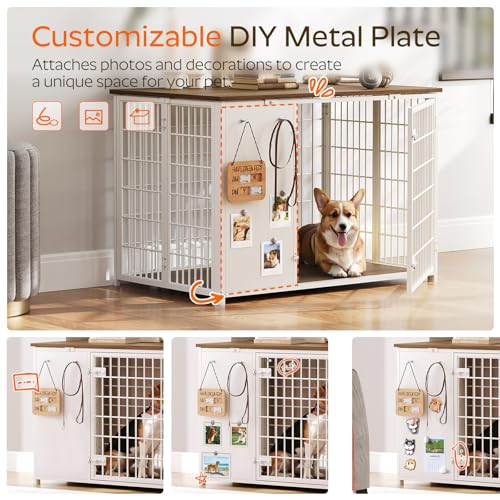 YATINEY Foldable Dog Crate Furniture, Dog Crate with DIY Frame, Heavy Duty Dog Kennel Indoor with Hooks, Wooden Dog Cage End Table, for Small/Medium Dogs, White and Walnut DC95WH