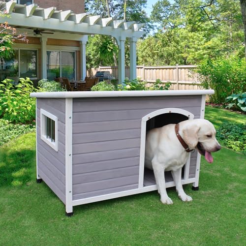 Rockever Waterproof Large Dog Houses Outdoor Indoor, 44" Wooden Elevated Outdoor Dog Houses with Window for Small to Large Sized Dogs, Easy Clean and Assemble