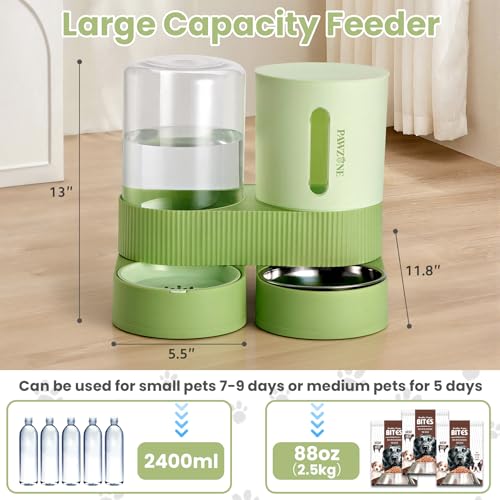 2 Pack Automatic Cat Feeder Stainless Steel Water Dispenser Gravity Food Feeder and Waterer Set with Pet Food Bowl for Small Medium Kitten Puppy Pets Large Capacity(Green)