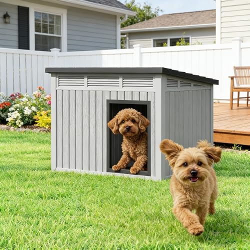Bifanuo Outdoor Dog House Outdoor for Medium and Small Dog - Weatherproof Removable Roof, Easy to Assemble, Easy to Clean, Ideal for Medium Dogs (Standard Grey, 32.1" L × 25.1" W × 24" H)