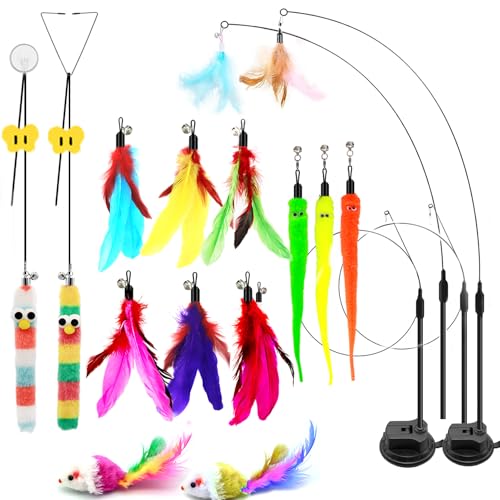 BURCHLIFE 4-in-1 Interactive Cat Toys Set - Feather, String,Suction Cup Cat Toy Stick & Wand Toys with 15 Replaceable Attachments for Indoor Cats