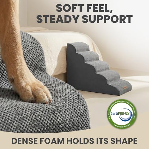 Miorun Dog Stairs for High Beds Up to 30", Extra-Tall 5-Step Dog Steps for Bed, 24.5" Tall Foam Pet Stairs for Small & Medium Dogs, Gentle Slope Cat Ramp for Bed with Washable Cover