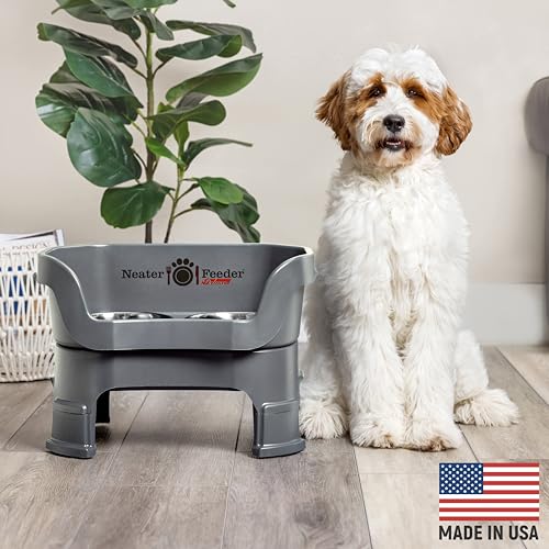 Neater Feeder Deluxe Mess-Proof Elevated Dog Bowls for Medium Dogs (19–40 lbs), 2 Height Adjustable (10” & 12.5”) No-Spill Raised Dog Bowl Stand, Stainless Steel Food Bowl Set, Made in USA, Gunmetal