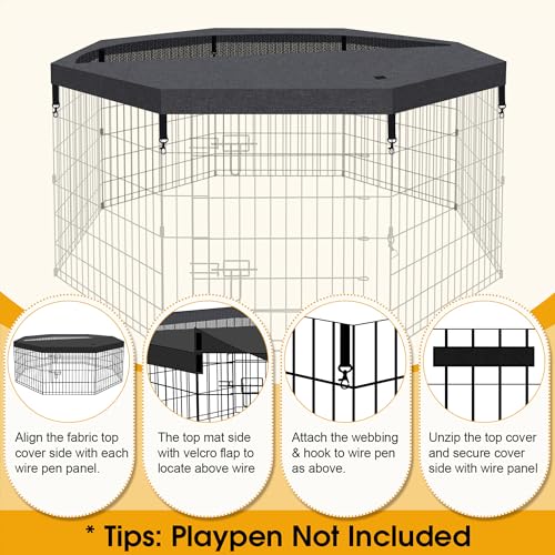 Dog Playpen Top Cover Only for 8 Panel 24 Inch Pet Playpen, Black Mesh Shade Cover for Small Medium Pets, Indoor Outdoor Use, Octagonal Shape, Fence Panels Not Included