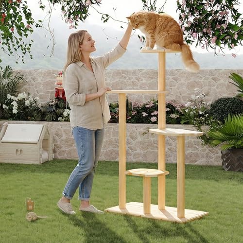60" Tall Outdoor Cat Tree, Cat Tower Weatherproof for Patio,Garden,Balcony, Durable 4-Tier Natural Wood w/Scratching Posts for Multiple Cats,Outside&Indoor Adult Cats and Kittens Play, Climbing