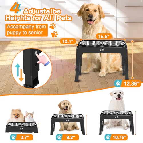 COMESOON Elevated Dog Bowls, 4 Height Adjustable Raised Bowl Stand with 2 Thick 50oz Stainless Steel Food Bowls Non-Slip Feeder Adjusts to 3.7'', 9.2'', 10.75'', 12.36'' Black, (DB-W01)