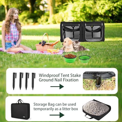 Wakytu Portable 2-in-1 Pet Carrier for Medium Dogs Large Cat Carrier for 2 Cats Travel Double Dog Crate Set with Portable Carry Bag/Hammocks/Mats/Tent Stakes/2 Pcs Pet Bowls for Outdoor Camping