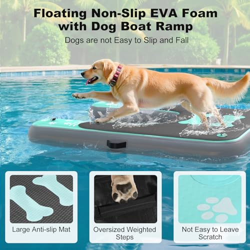 Linvivon Inflatable Dog Boat Ramp for Dogs Up to 240 lbs, Inflatable Dock Floating Platform with Anti-Slip EVA Foam Safe & Easy Water Access, Dog Ramp for Boat, Pools, Lakes, Boats, Docks, Green
