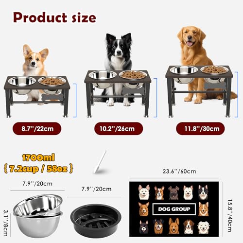 SHAINFUN Elevated Dog Bowls with Slow Feeder & Mat for Medium and Large Dogs, 12" Tall Adjustable Wooden & Metal Raised Dog Bowl Stand, 2 Stainless Steel 58oz Bowls for Food & Water