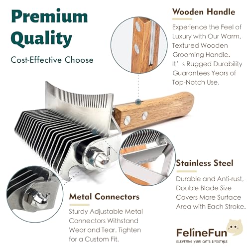 FelineFun Cat Brush for Dematting & Deshedding, 2 in 1 Undercoat Rake, Efficiently Remove Loose Hair & Matted Fur, Professional Shedding Comb for Indoor Cats & Long Haired Cats