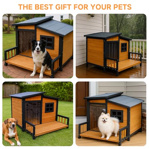 WHEGETED Large Dog House Outdoor Indoor for Small Medium Large Dog, Wood Insulated Dog Kennel Home with Durable Weatherproof Asphalt Roof and Elevated Floor Outside Shelter Brown 39x37x30 Inches
