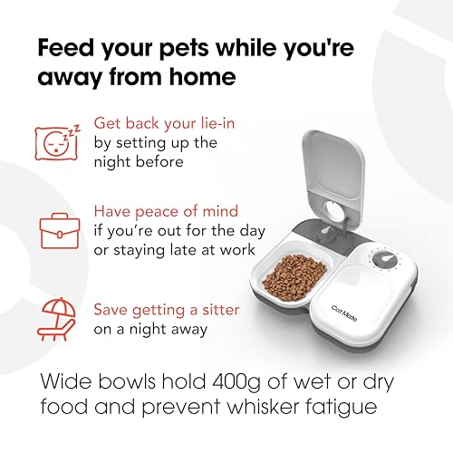 Cat Mate C200 Automatic 2 Meal Timer-Controlled Pet Feeder (401) - for Cats and Small Dogs, Includes Ice Pack for Wet and Dry Food, Meals up to 14 oz Each, White