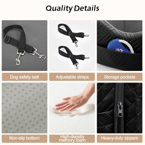 JOEJOY Dog Car Seats for Small Medium Dogs, Wipe Clean Waterproof Detachable PU Leather Cover, Thickened 2 inch Memory Foam Pet Car Seat with Safety Belt and Storage Pockets(No Cushion)