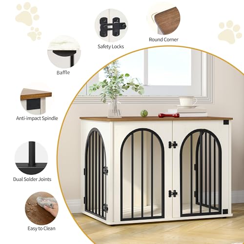 Hzuaneri 31.5'' Wooden Dog Crate Furniture, Indoor Dog Kennel Dogs Cage for Small/Medium Dogs, Heavy Duty Dog Crates Decorative Pet House End Side Table TV Stand, White Brown DFC85114B