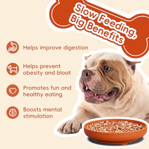 AXEFUN Silicone Slow Feeder Dog Bowl – Orange Bone Pattern | Food-Grade Non-Slip Dog Dish for Anti-Bloat, Fast Eating Prevention, 7.5” x 1.5”, Dishwasher Safe