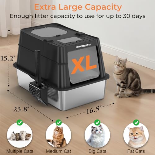 URPOWER Stainless Steel Cat Litter Box with 110° Flip-Top Lid Extra Large Enclosed Litter Box Non-Sticky Metal Pan with High Sided & Scoop, Odor Free, Front & Top Entry, Anti-Leakage, Easy Cleaning