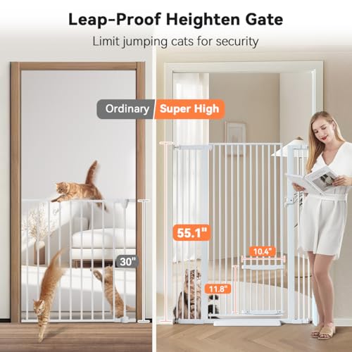 COMOMY 55.1" Extra Tall Pet Gate for Cats, Extra Wide Cat Gate with Adjustable Cat Door, Pressure Mounted Easy Walk Through Pet Gate with Door for Stairs, Doorways, Kitchen(White, 29.5-40.6")