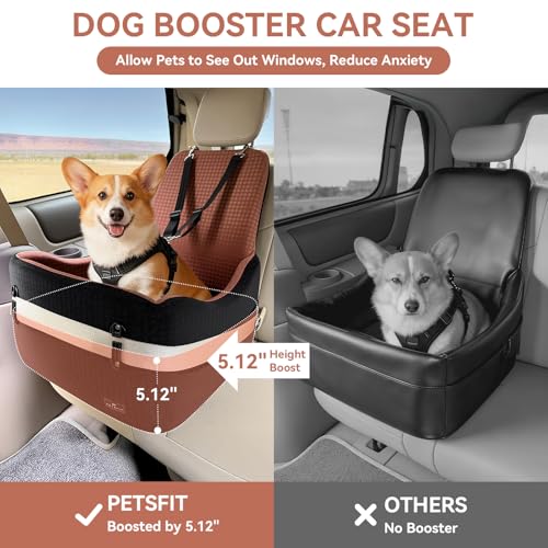 PETSFIT Dog Car Seat for Small/Medium Dogs Up to 35 lbs – Patented Safety System, 5" Memory Foam Pet Booster Car Seat, Fully Detachable and Washable Dog Carseat with 2 Storage Pockets (Black/Brown)