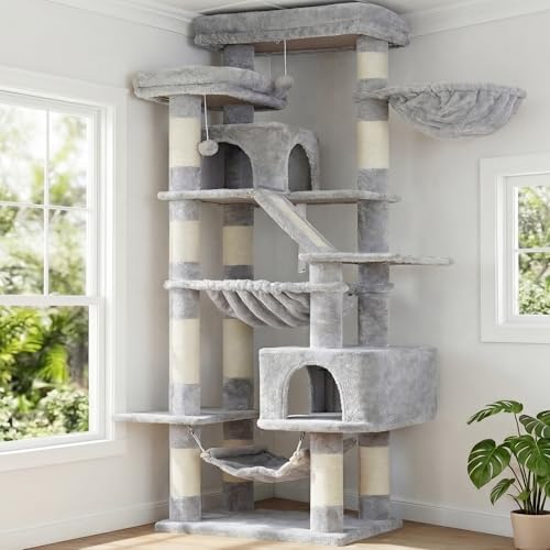 Heybly Cat Tree, 71-Inch-Tall Tower for Indoor Cats with 2 Perches, 2 Big Condos, 2 Hammocks, Basket, Scratching Pad, Large Cat Furniture and Condo, Light Gray HCT034W