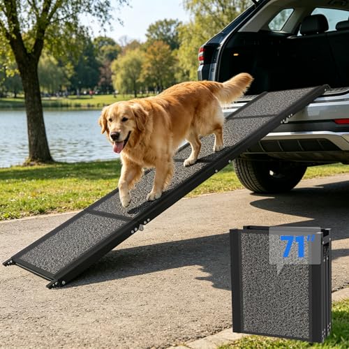 Dog Ramp for Car 71" L x 17" W, Foldable Pet Ramp for Large Dogs with Non-Slip Rug Surface, Portable Dog Car Ramp for SUV, Truck & Vehicle, Heavy-Duty Aluminum Pet Loading Ramp Supports 250 lbs