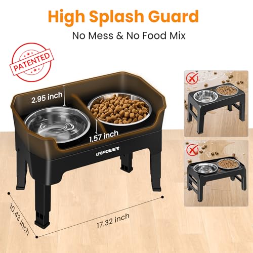 URPOWER 3-in-1 Elevated Dog Bowls - Mess Proof Double Deck 4 Height Adjustable Raised Stand with 2 Stainless Steel Food Bowls & Licking Plate for Small, Medium & Large Dogs