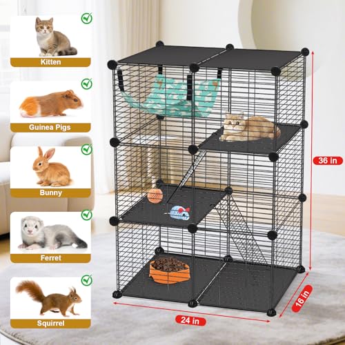 VISCOO Cat Cage(for Kitten), 3-Tier DIY Catio Cat Enclosures, 24" x 16" x 36" Cat Playpen Indoor & Outdoor with Hammock, Detachable Metal Wire Cats Crate, Exercise Place for Squirrel, Ferret