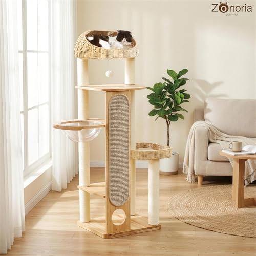 59-inch Cat Tree，Cat Tower with Scratching Post,Extra Long Sisal Blanket, Handwoven Basket & Space Capsule Nest