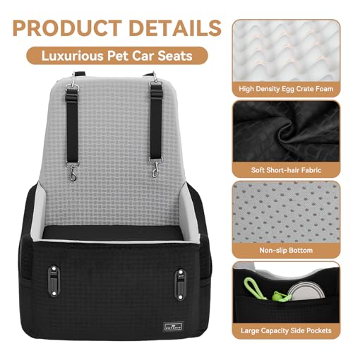 PETSFIT Dog Car Seat for Small/Medium Dogs Up to 35 lbs – Patented Safety System, 5" Memory Foam Pet Booster Car Seat, Fully Detachable and Washable Dog Carseat with 2 Storage Pockets (Black & Grey)