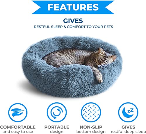 Whiskers & Friends Cat Beds for Indoor Cats, Fluffy Calming Donut Cat Bed, Small Dog Bed Washable - Orthopedic Soft Plush Pet Beds Sized for Kitten to Large Cats & Puppy to Small Dogs - Navy Grey 20''