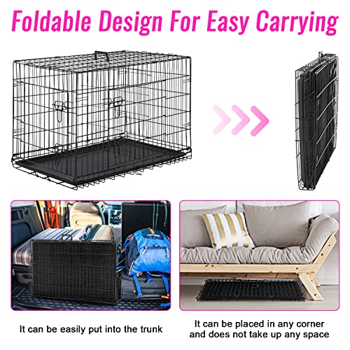 FDW Dog Crate for Large Dogs 48 Inch Folding Metal WirePet Cage Double Door W/Divider Panel Indoor Outdoor Kennel Leak-Proof Plastic Tray,Black