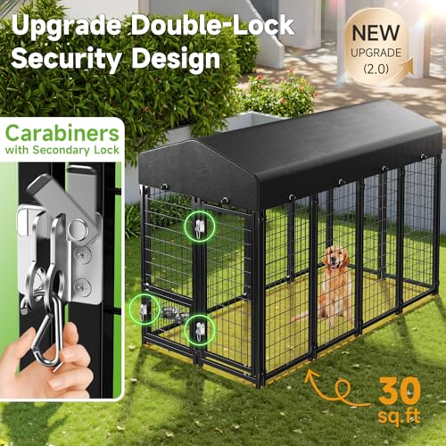 Guiferland Dog Kennel Outdoor, Weatherproof Outside Dog Kennel with Roof & Swivel Feeders and Removable Dog Door, Heavy Duty Outdoor Kennels Dog Enclosure Run for Medium Large Dogs (8'L x 4'W x 6'H)