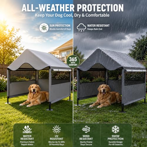LUCKITTY Extra Large Dog Shade Shelter Canopy with UV Protection, Big Dog House Outside, Outdoor Dog Tent with Three-Sided Breathable Mesh Windows, Gray Sun Rain Cover for Pet Sheep Goat 4'x 4'x 3.3'