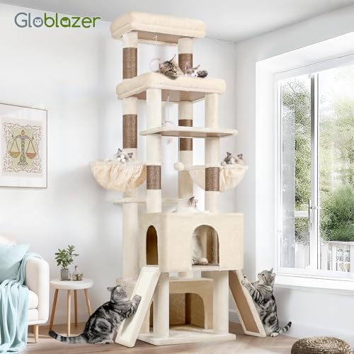 Globlazer Heavy Duty Cat Tree 78 inch Sturdy Cat Tower for 20lbs Large Adult Cats, Symmetrical Aesthetic Big Cat Tree with Extra Large Platform, 2 Scratching Boards, Z78, Beige