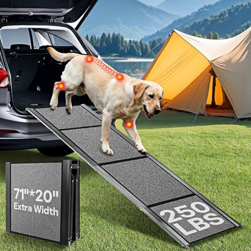 𝟕𝟏'' & 𝟐𝟎" Wide Dog Ramp for Large Dogs, Holds 250LBS & Gentle Slope for Joint Care - Dog Car Ramp with Upgrade Non-Slip Surface - Portable Folding Pet Ramps for Senior Pets Enter into SUV, Truck