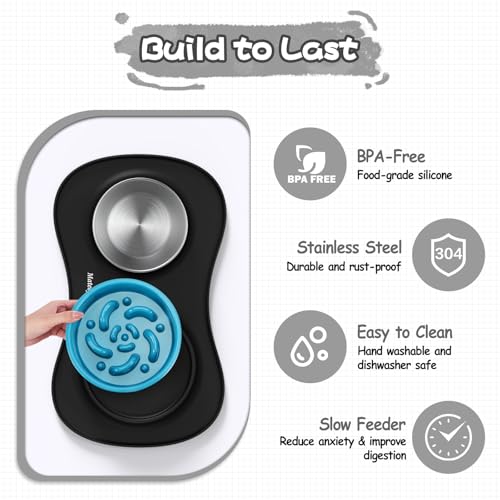 MateeyLife Dog Food and Water Bowl Set 3 in 1, Slow Feeder Dog Bowls & Stainless Steel Water Bowl with Non-Spill Silicone Mat, Cat and Puppy Bowls Pet Dishes for Small Medium Large Breed Anti-Choking