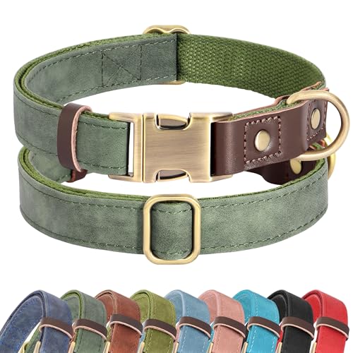 Didog Soft PU Leather Dog Collars for Medium Dogs,Classic Adjustable Dog Collars with Quick Release Metal Buckle,Easy Clean and Comfortable with Nylon Lining,Green,M Neck 14-19"