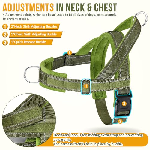 Lukovee No Pull Dog Harness and Leash Set - Adjustable Soft Padded Vest with Front Clip for Easy Control, Reflective Durable Harness for Safe Daily Training Walking for Medium Large Dogs (L, Green)