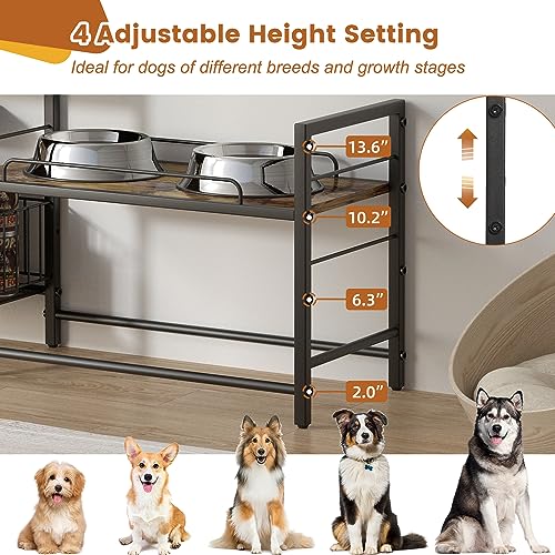 Lomivra Elevated Dog Bowl Stand with Toy Bin Basket, 4 Height Adjustable Raised Feeding Station Cabinet, Lifted Food and Water Bowl Holder, Pet Storage Organizer for Large Medium Small Dogs