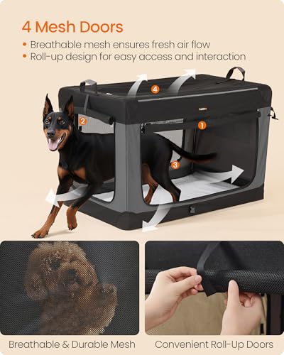 Feandrea Collapsible Dog Crate, 48-Inch Portable Dog Travel Crate for Extra Large Dogs, Oxford Fabric Pet Carrier with 4 Mesh Doors, Handles, Storage Pocket, Water Bottle Holder, Ink Black UPDC022BH01