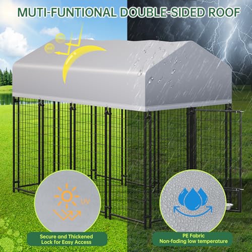 Outside Large Dog Kennel with roof, Heavy Duty Dog Enclosurewith Waterproof, 2 Rotating Dogs Bowls, Outdoor Dogs CageRun with Secure Lock (8x4x6 FT)