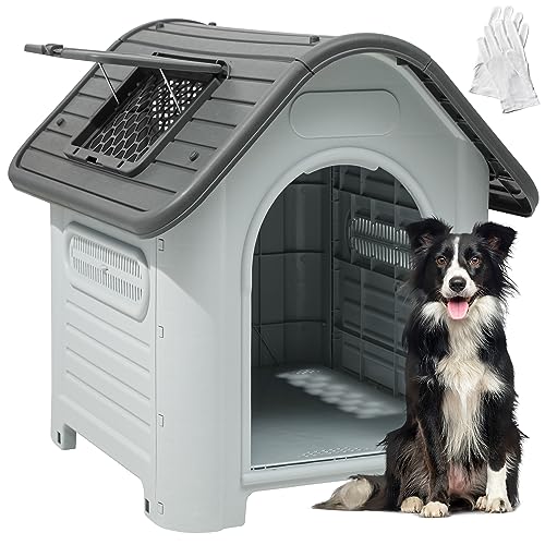 YITAHOME 34.3'' Dog House, Weather Resistant Dog Bed House with Adjustable Skylight and Elevated Base, Outdoor Indoor Pet House for Small, Medium Dogs (34.3''L*28.3''W*29.5''H)