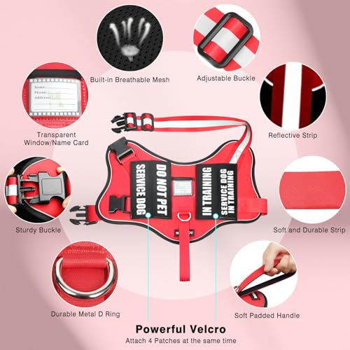MOOGROU Service Dog Vest Harness and Leash Set+10 Patches,No Pull&Adjustable Reflective Dog Harness with Soft Padded Handle for Training/Everyday,Fit Small/Medium/Large/Extra-Large Dogs(Red M)