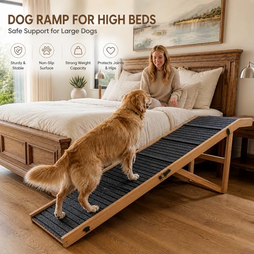 FurnPulse Extra Large Dog Ramp 63‘’L for High Bed, Couch & SUV – 200 Lb Heavy Duty Solid Wood Pet Ramp, 6 Adjustable Height – Portable Stable Non-Slip Steps for Medium to XL Dogs