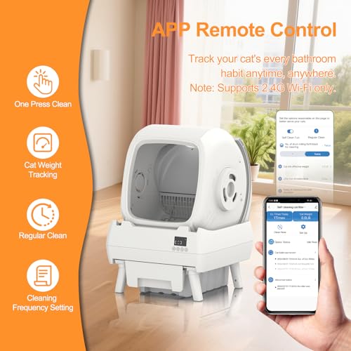 FRCFRC Automatic Cat Litter Box Self Cleaning - App Control, Cat Toilet Records, Suitable for Big Cats, Medium Cats, Kittens and Multi-Cat Families, Anti-Pinch, Low Noise【Assembly Required】- White