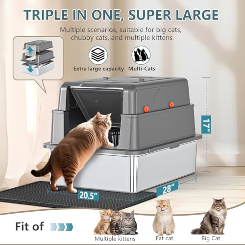 XXXL Extra Large Stainless Steel Litter Box with Lid, 28" L x 20.5" W x 17" H Covered Stainless Steel Litter Box, Suitable for Large Cats and Multiple Cats, Non-Sticky, Anti-Leakage, Easy to Clean